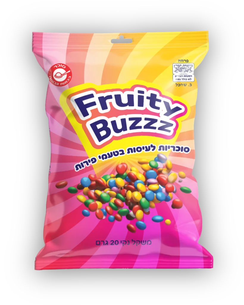 פרוטי באז סוכריות טופי צבעוניות בטעמי פירות עיצוב אריזות גמישות לממתקים סטודיו פורטה